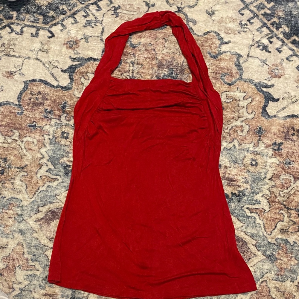 2000s style red rouched halter top